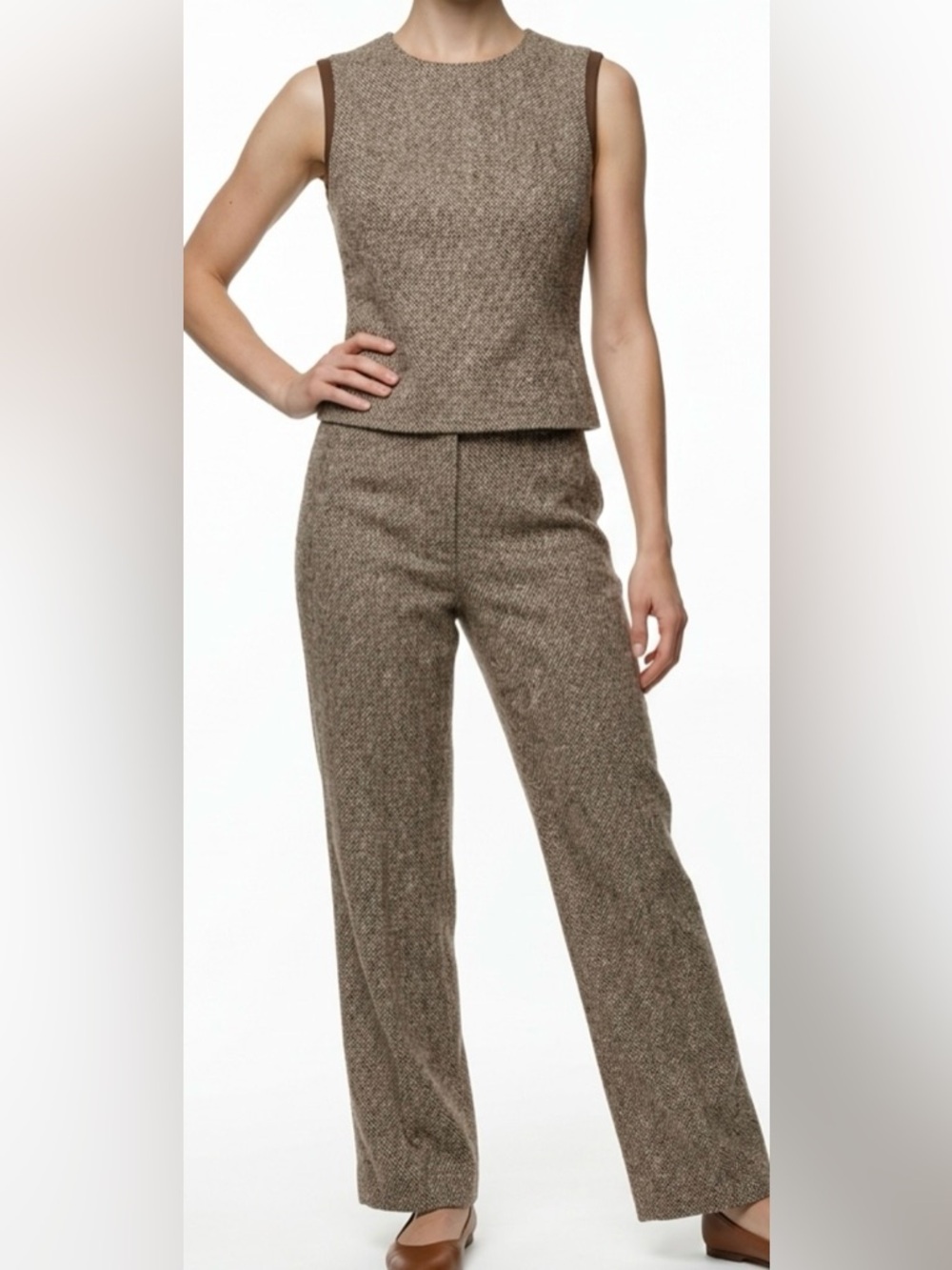 ANN TAYLOR LOFT HERRINGBONE Knit Vest and Trousers in Cream and Brown